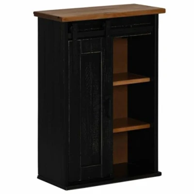 Image of vidaXL HALDEN Hanging Cabinet Black Sliding Door Solid Pine Wood 49x22.5x70 cm Versatile Storage for Kitchen, Bathroom &amp; Living Room
