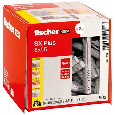 Image of fischer 568108 SX Plus Expansion Wall Plug, 8mm x 65mm, Pack of 50