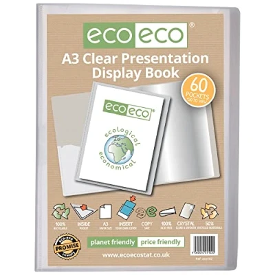 Image of eco A3 Size 50% Recycled 60 Pocket Clear Presentation Display Book, Storage Case Portfolio Art Folder with Plastic Sleeves, eco102