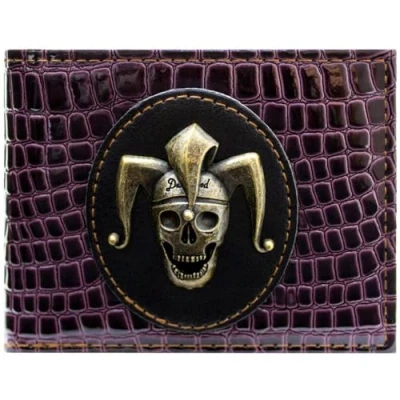 Image of The Joker Jester Skull Metal Badge Emblem Wallet Bi Fold ID &amp; Card Holder, Purple
