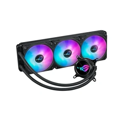 Image of ASUS ROG Strix LC III 360 ARGB all in one CPU liquid cooler with rotatable water block, 7th gen V2 Asetek pump, Premium fans, and 10+ custom Aura lighting effects.