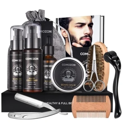 Image of Beard Grooming Kit for Men, 12 in 1 Growth with Roller, Set Oil, Shampoo, Conditioner, Brush, Balm, Comb, Scissors, Gifts Him