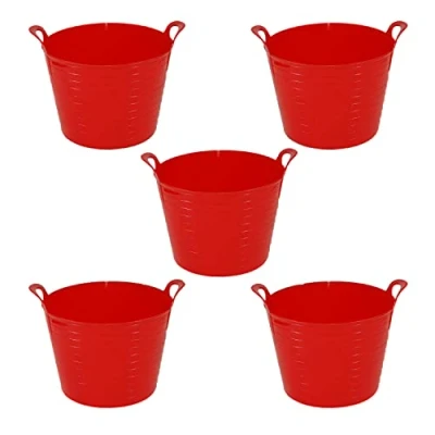 Image of (Set of 5) 26L Litre Robust Versatile Multi Purpose Flexible Storage Container Bucket, Tub Trugs, Horse Feeder, Garden Tub, Laundry Basket, Flexi (Red)
