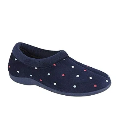 Image of Sleepers Womens Sophie Memory Foam Full Collar Slippers Rubber Sole Navy Blue 7 UK