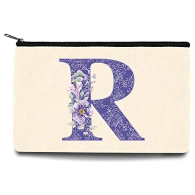 Image of 26 Letter Printed Zip Canvas Pouch Makeup Bag Make Up Bag, Cosmetic Travel Bag,Toiletry Bag,Organizer Bags,Toiletry Bags, Bride Bridesmaid Bag,Pencil Bag,Wash Bag,Coin Purse (Purple Flower R)
