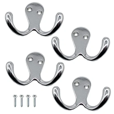 Image of EAI Double Robe Hook for Coats Bath Towels 55x76mm Pack of 4 (Polished Chrome)