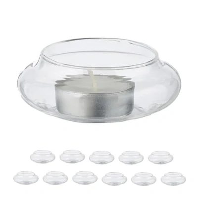 Image of Relaxdays Floating Tea Light Holder, Set of 12, Glass, Water Decoration, Wedding, Bath, Pool &amp; Pond, Candle, Transparent, 12er