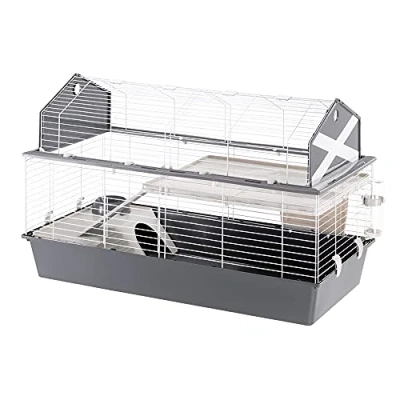 Image of Ferplast Large rabbit cage Barn 120 Small pet home, American Setting, Fully opening roof, Accessories and decorative stickers included, 119 x 58 h 77 cm Grey