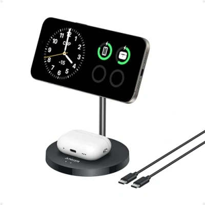 Image of Anker MagGo 2 in 1 Wireless Charging Station, MagSafe Charger Compatible, Qi2 Certified 15W Stand, Apple Watch for iPhone 16/15/14 Series, AirPods (No AC Adapter) (White)