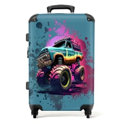 Image of NoBoringSuitcases.com® Children&#039;s Luggage Kids Suitcase on Wheels Large Hard Shell Trolley 26 28 inch Monster Truck Neon 23kg
