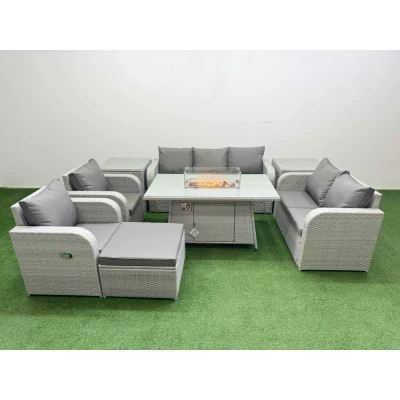 Image of Pe Rattan Garden Furniture Set Reclining Chair Sofa Double Love Seat 2 Seater Lounge Firepit Dining Table Big Footstool Side Light