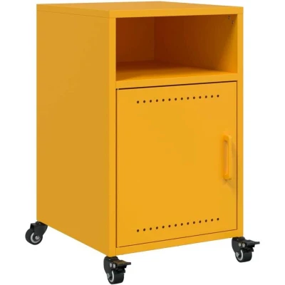 Image of vidaXL Bedside Cabinet Mustard Yellow Nightstand Steel Bed Table with 1 Door and 2 Compartments, 36 x 39 59 cm, Easy to Move Wheels for Bedroom