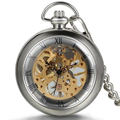 Image of JewelryWe New Silver Roman Numbers Open Face Mechanical Pocket Watch with Chain Belt