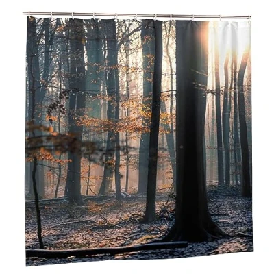 Image of JOOCAR Autumn Forest Shower Curtain Nature Fall Leaf Curtains Watercolor Bathroom Decor Polyester Fabric Waterproof Set with 12 Hooks, 180x180cm