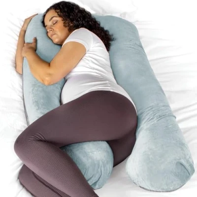 Image of Aamira Blue &amp; Dark Grey Two tone Pregnancy Pillow, U Shaped Shredded Memory Foam Maternity Full Body Support Pillows for Sleeping, Machine Washable Removable Velvet Cover