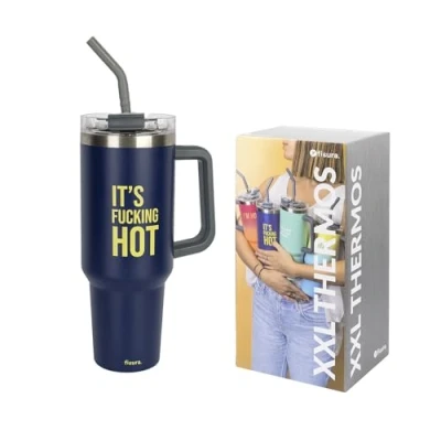 Image of Fisura Thermal Water Bottle 40 oz. Large Insulated Bottle. Stainless Steel BPA Free. Cold for 24 Hours/hot 12 Hours. Includes Straw. 3.81 inch x 10,94 (Hot, Dark Blue)