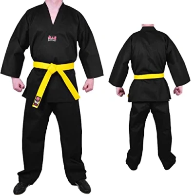 Image of MAR Black Karate Gi, V Neck Student Uniform Men &amp; Women; Kids Adult Sizes Martial Arts Uniform, Trousers, 8oz Fabric Suit, Suit (2/150)