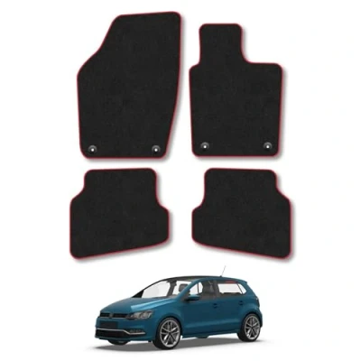 Image of Car Mats Compatible with VW Polo (2009 2017) Tailored Fit Red Carpet Floor Set Accessory Custom 4 Pieces Anti Slip Backing &amp; Binding Trim Edge