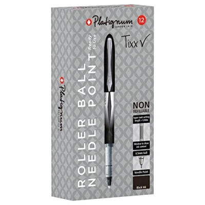 Image of Platignum Tixx Black Gel Ink Needle Point Roller Ball Pen [Pack of 12] 1200 m Writing Length [Ref: 50462] [Amazon Exclusive]