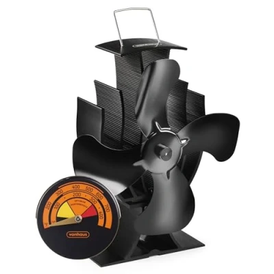 Image of VonHaus Stove Fan Log Burner Fire for Wood Burning Stoves, Fireplaces, Heaters 4 Blades, Silent Operation, Eco Friendly, Heat Powered, Energy Saving, Thermometer 2 Year Warranty