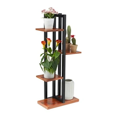 Image of Relaxdays Metal Flower Stand, 4 Tier Indoor Pot Shelf Ladder, Wooden Look, 93 x 42.5 22.5 cm, Plant Rack, Dark Brown, Fibreboard