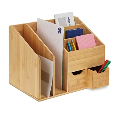 Image of Relaxdays Desk Organiser, 5 Compartments, 2 Drawers, H x W D: 29 37 25 cm, Bamboo, Natural
