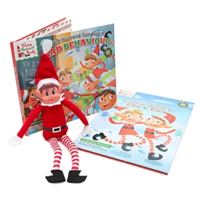 Image of Elves Behaving Badly Christmas Bundle 12 Inch Soft Toy Elf Elfie &amp; 2 x Hard Back Books Novelty Toys, Red, One Size