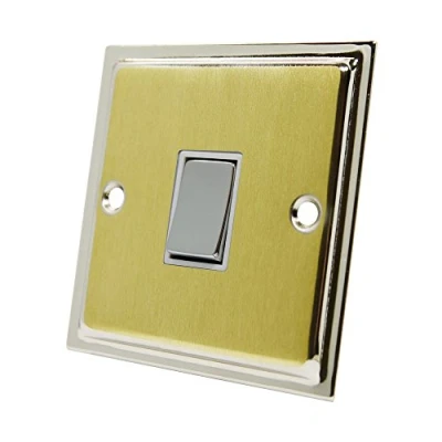 Image of Slimline Duo Satin Brass Polished Chrome 1 Gang Switch White Insert Metal Rocker 10 Amp Single 2 Way Light