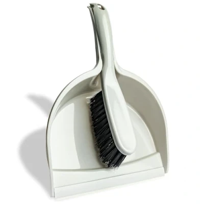 Image of Grey Dustpan and Brush Set Comfortable Grip Handle Rubber Lip Pan Keeps Dirt Dust Contained, Strong Durable Cleaning Ideal for Indoor Kitchen Outdoor Garden Use