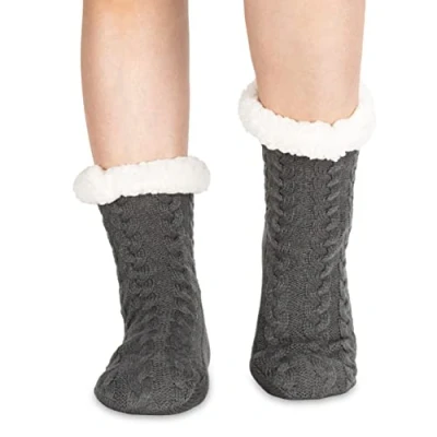 Image of Polar Womens Slipper Socks Soft Fleece Lined With Sole Grips Gift Packaging Snuggly Present For Her Insulated Warm Fluffy Sherpa Lining Thick Thermal Dark Grey UK 5/6