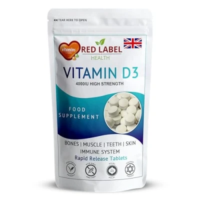 Image of Red Label Health Vitamin D3 4000 IU, Pack of 60 D Tablets (2 Months Supply), Healthy Teeth &amp; Bones, Supports Immune System, High Strength Supplement for Men Women, UK Made