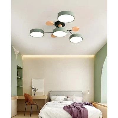 Image of Nordic LED Ceiling Lamp Modern Acrylic Light Creative Semi Flush Sputnik Fixture 4 Lights with Wood Decoration for Living Room Dining Bedroom, Green