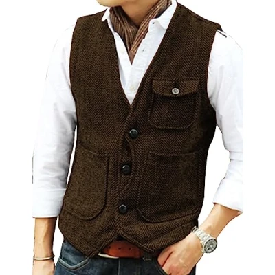 Image of Solovedress Mens Vintage Wool 3 Real Pockets Suit Vest V Neck Tweed Waistcoat for Wedding Groomsmen(Coffee,M)