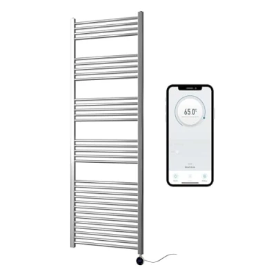 Image of Greened House Chrome Electric Smart WiFi Controlled Heated Towel Rail 600mm W x 1800mm H Flat 7 Day Programmable Timer App Compatibility