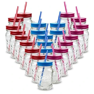 Image of Pack of 24 Mason Jars with Handles, 500 ml Durable Drinking Glasses Lids, Straws Perfect for Cold Beverages