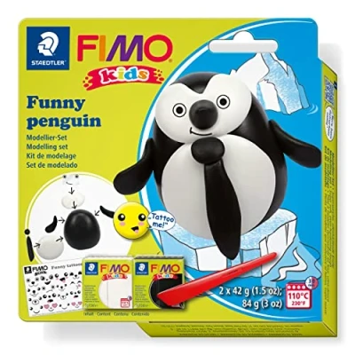 Image of STAEDTLER 8035 18 FIMO Kids Modelling Clay Set &quot;Funny Penguin&quot; (Pack of 2 Blocks, Stickers &amp; Tools)