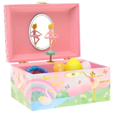 Image of Jewelkeeper Girls Jewellery Box with Spinning Ballerina, Rainbow and Gold Foil Design Musical Swan Lake Tune 15 x 10.8 8.6 cm Stylish Storage for Little Treasures