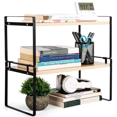 Image of BELLE VOUS Wooden Desktop Organiser Shelf Stackable 2 Tier Storage Rack for Home Table, Kitchen or Desk Freestanding Display Books, Decor Office Supplies Brown and Black