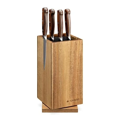 Image of Navaris Wooden Kitchen Knife Block Magnetic Universal Bristle Holder Storage Stand Acacia Wood Rotating Design, 25 x 12.5 cm