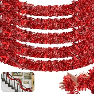 Image of HOVUK® 5PCs Red Christmas Tinsel Garlands 2M Chunky Fine Hanging Tree, Garland for Stairs, Indoor and Outdoor Party Decoration