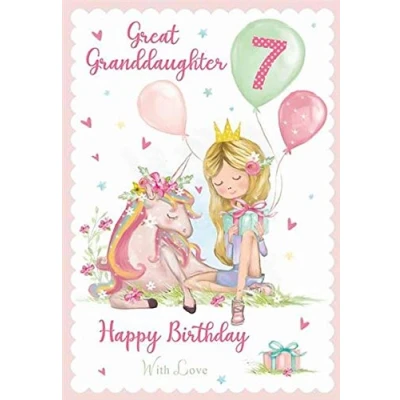 Image of Great Granddaughter Age 7 Large 7th Glittered Birthday Card