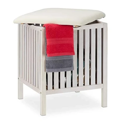 Image of Relaxdays Washing Basket, with Seat, Laundry Hamper, Walnut Wood, 40L Volume, Storage, HxWxD: 53 x 41 cm, White