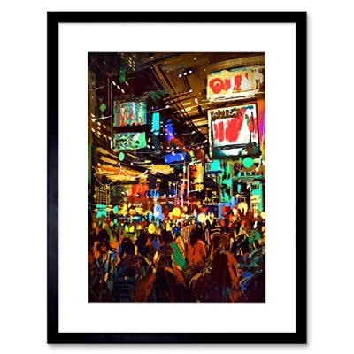 Image of Wee Blue Coo Crowded Cityscape at Night Art Print Framed Poster Wall Decor 12x16 inch