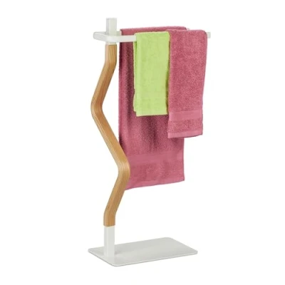 Image of Relaxdays Holder, 2 Bars, Free Standing, HxWxD: 78 x 40 20 cm, Bathroom Towel Rail, Steel &amp; MDF, White/Natural