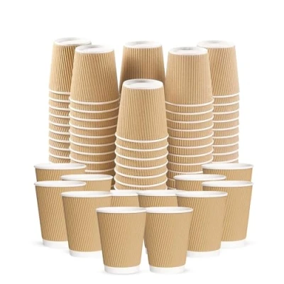 Image of CHEF ROYALE 50x 8oz Disposable Coffee Cups Without Lids Takeaway Paper for Hot &amp; Cold Drinks Kraft Triple Walled Ripple Reusable (wihtout lids)