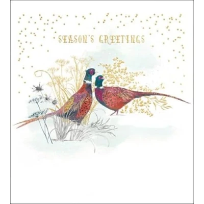Image of Woodmansterne Charity Christmas Cards Two Pheasants in a Winter Meadow with Gold Foil Finish Eco Friendly and Recyclable Pack of 5
