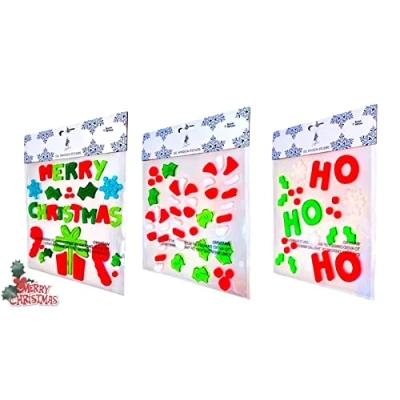 Image of Showpiece Puzzles CHRISTMAS GEL WINDOW STICKERS Removable No Mess 5 Designs Sets of 3 Packs (20x20cm Ho Ho, Merry Xmas, Candy)