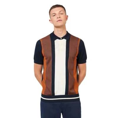 Image of Ben Sherman Mens Virtical Stripe Knit Polo Shirt (Dark Navy) M