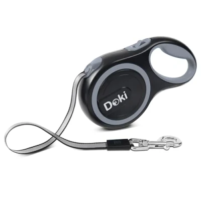 Image of DOKI XL Large Retractable Dog Lead, 8m/26FT Reflective Strong Nylon Tape Ribbon Leash, One Button Brake&amp;Lock Extendable Lead for Small Medium Dogs (Grey)