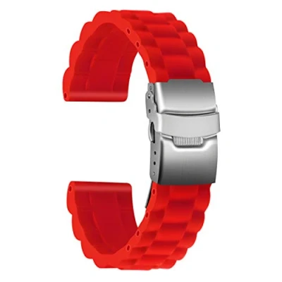 Image of ULLCHRO Silicone Watch Strap Replacement Rubber Band Waterproof Link Pattern 16mm, 18mm, 20mm, 22mm, 24mm Bracelet with Stainless Steel Deployment Buckle (22mm, Red)